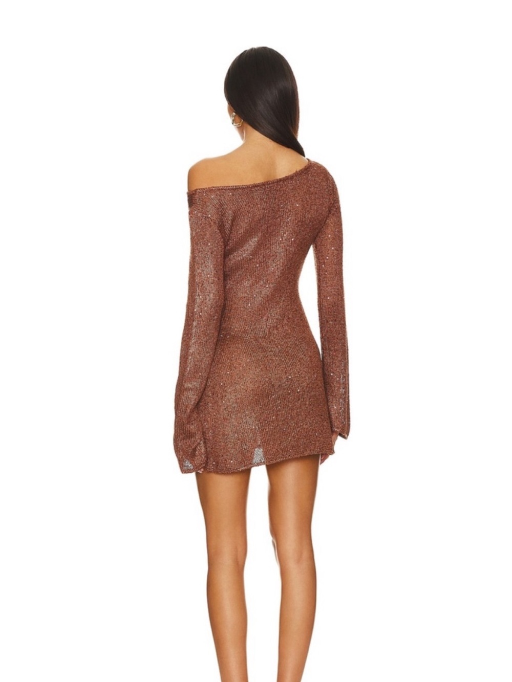 Long-Sleeve Metallic Knit Mini Dress - Brown - Picture 2 of 6